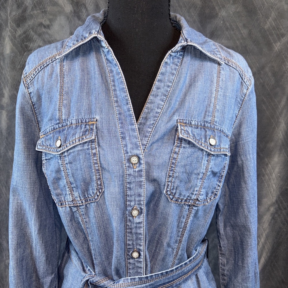 INC Denim Dress 6 Western Cowgirl W/Tie Belt L-sleeve Button Front Indigo Boho - Picture 2 of 11